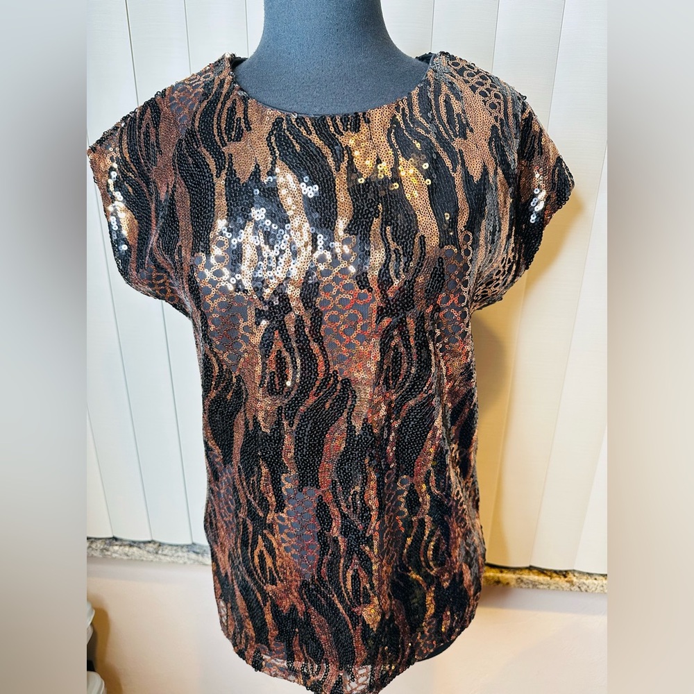 Cable & Gauge Bronze Black Sequin Animal Print Evening Event Party Top SZ Small